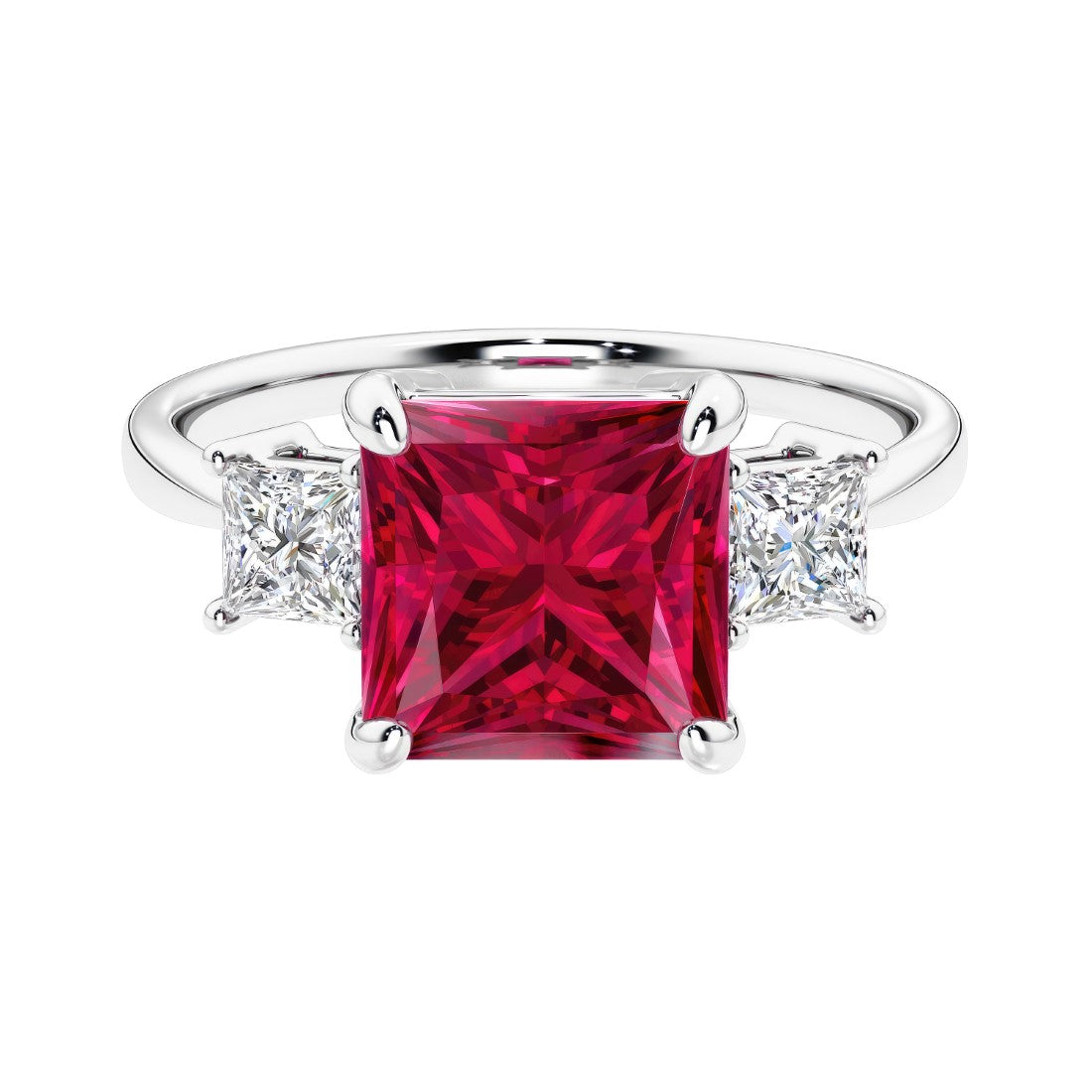 3 stone princess diamond ring in sleek white gold with ruby gemstone center.