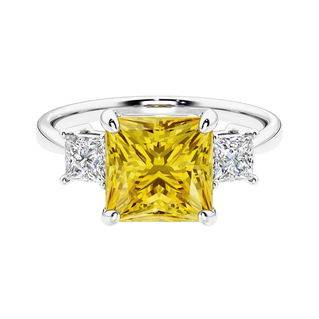 3 stone princess diamond ring in sleek white gold with yellow sapphire gemstone center.