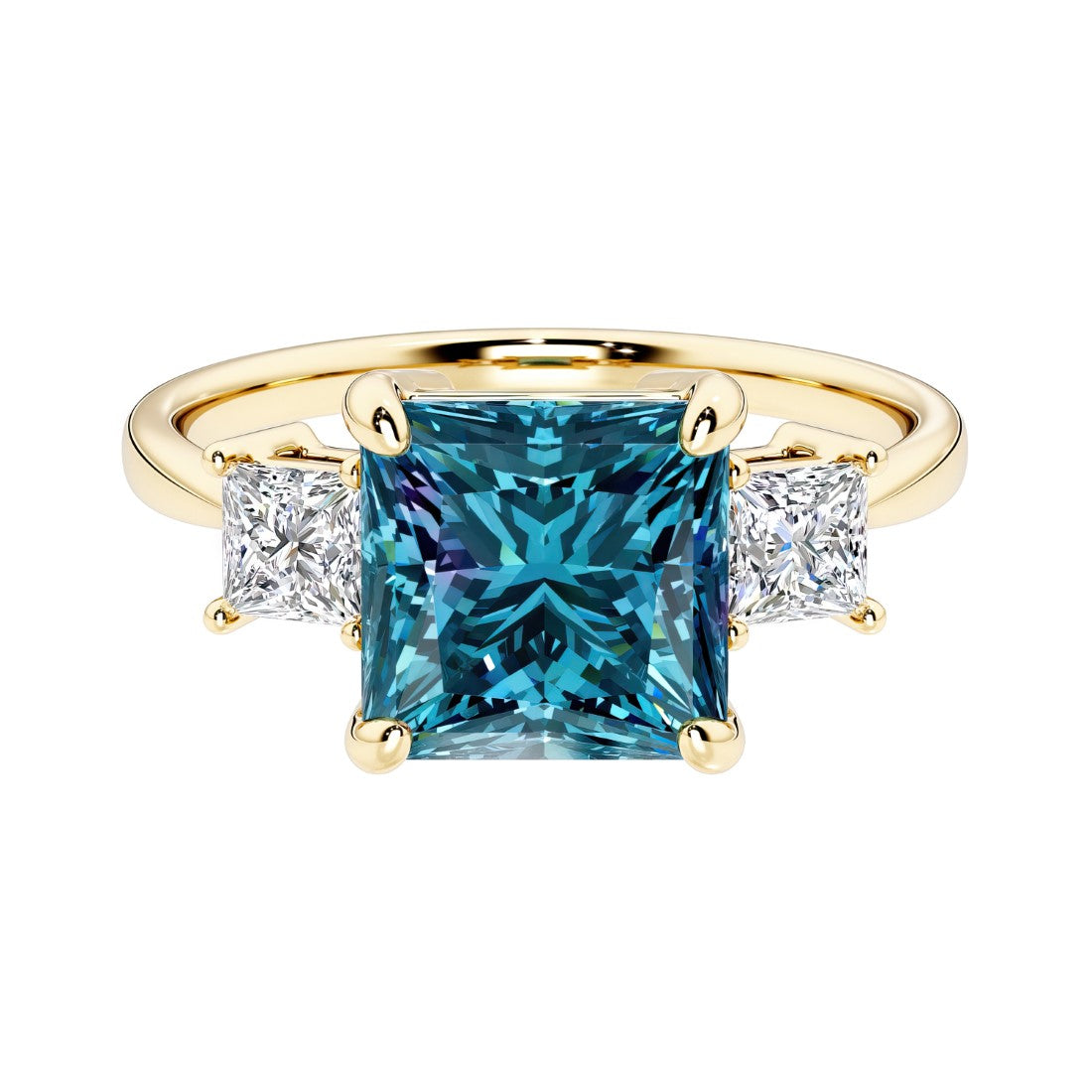 Princess cut 3 stone engagement ring with square side diamonds and alexandrite gemstone center.