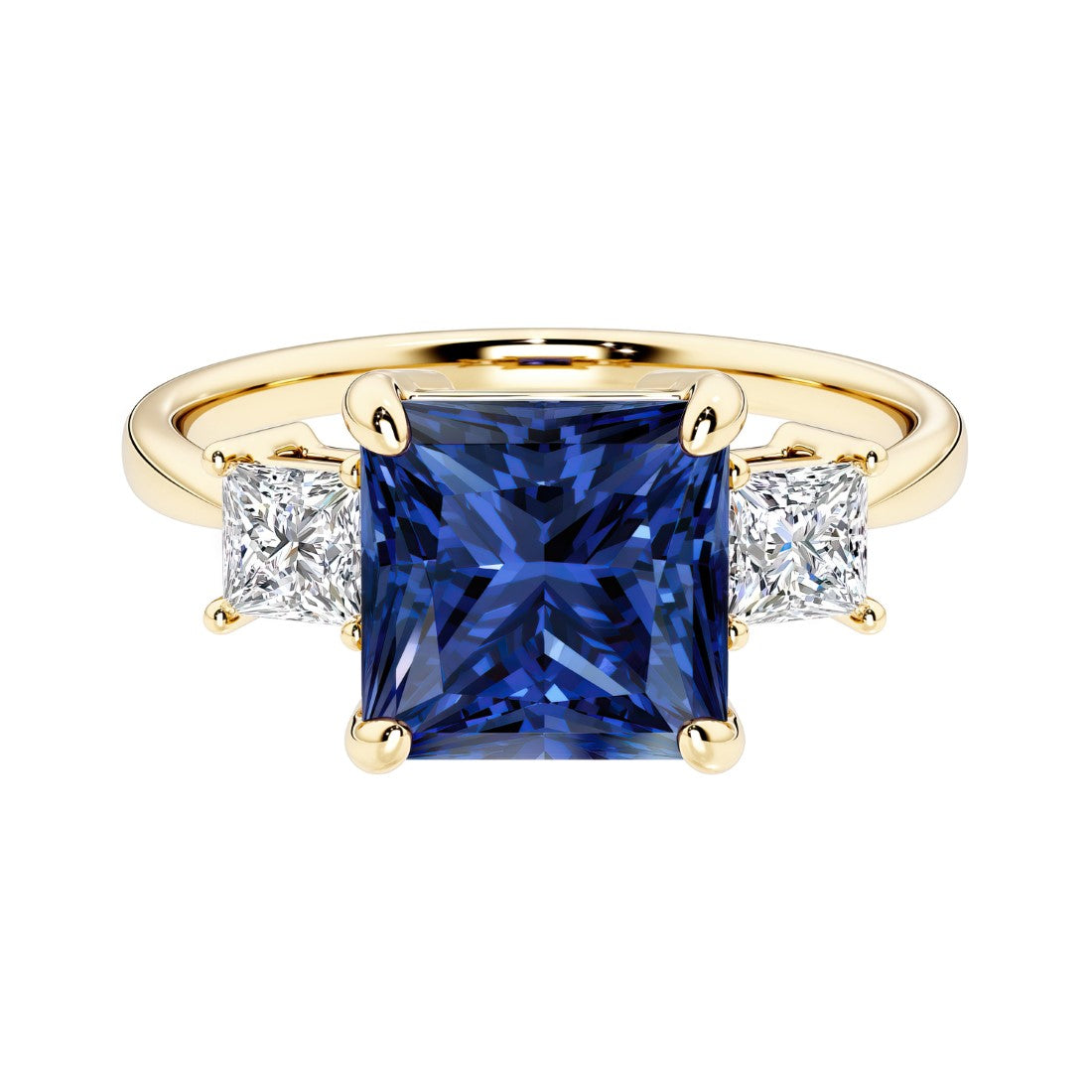 Princess cut 3 stone engagement ring with square side diamonds and blue sapphire gemstone center.
