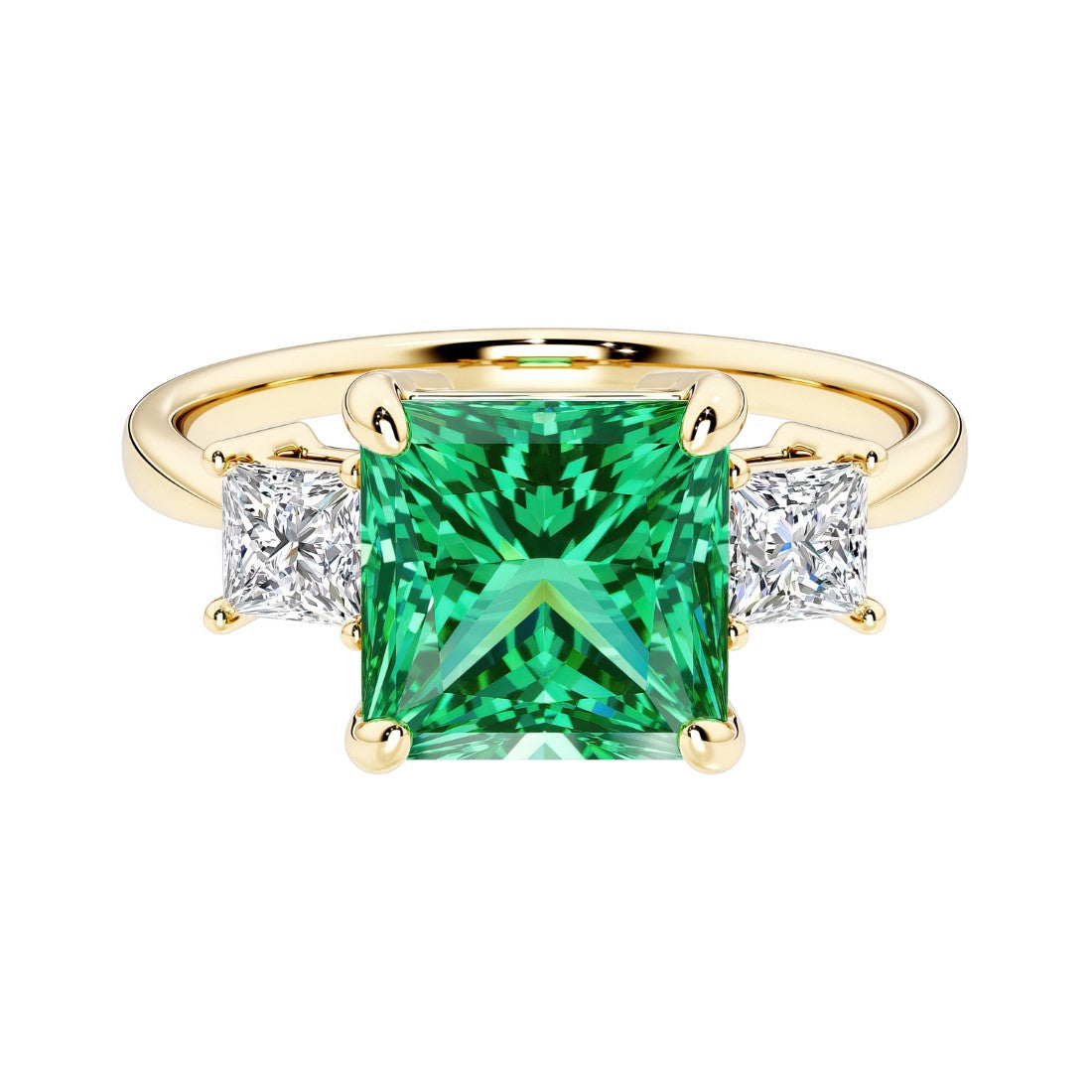 Princess cut 3 stone engagement ring with square side diamonds and colombian emerald gemstone center.