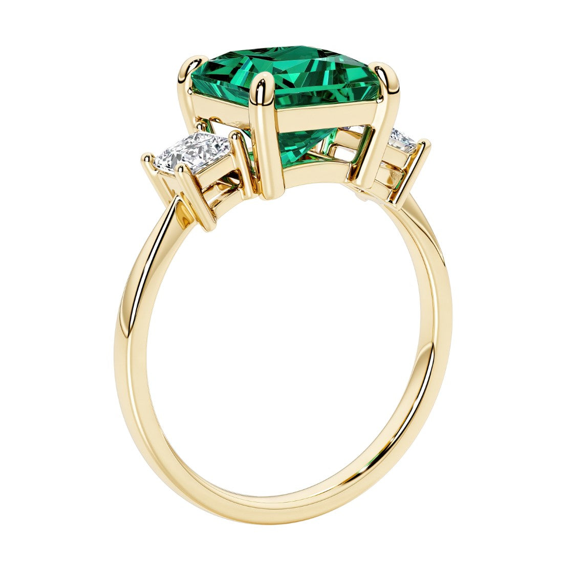 Elegant three stone princess cut engagement ring with green emerald and diamonds.