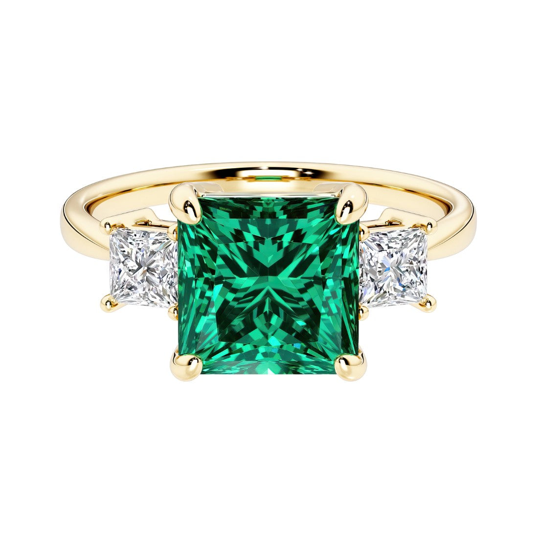 Princess cut 3 stone engagement ring with square side diamonds and green emerald gemstone center.