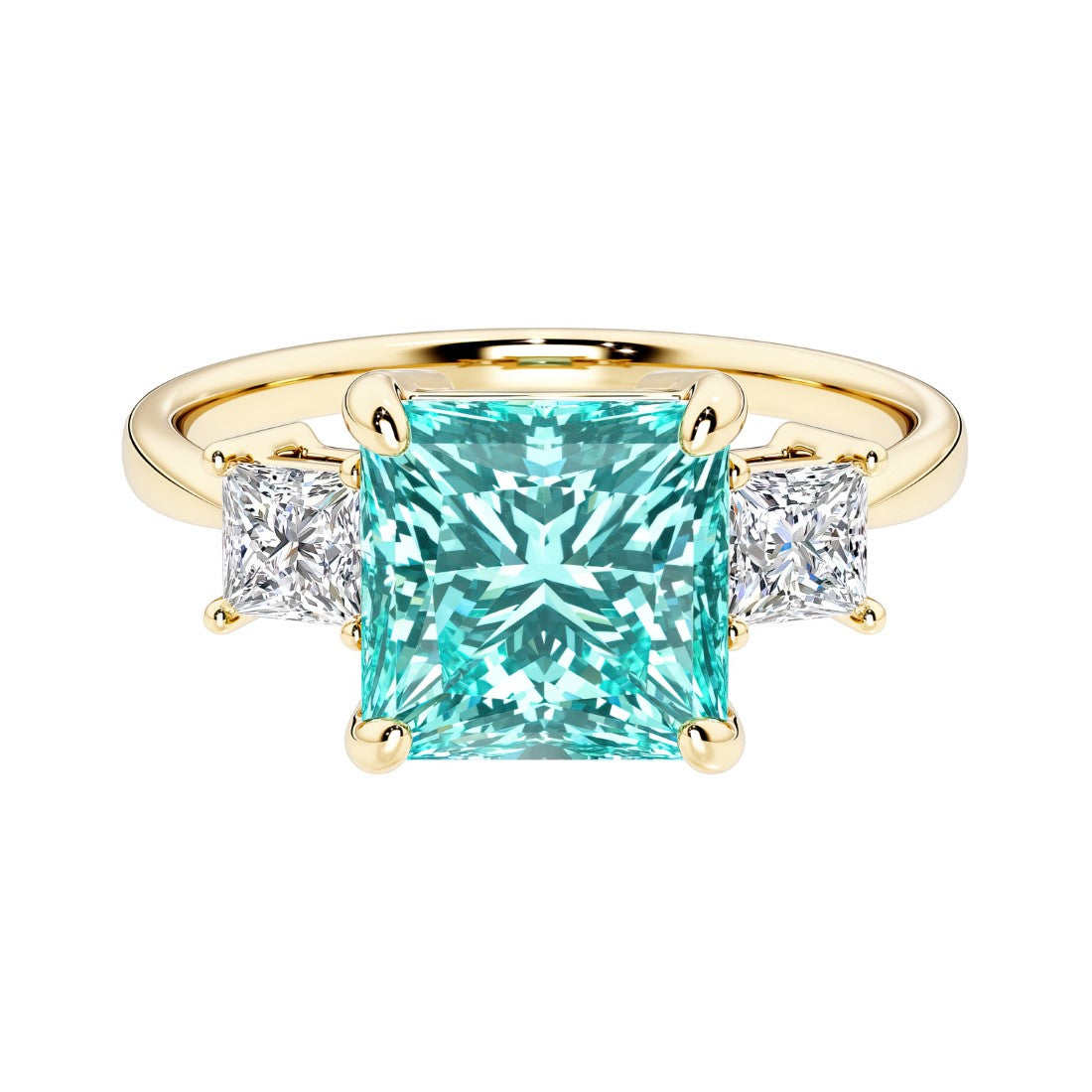 Princess cut 3 stone engagement ring with square side diamonds and paraiba tourmaline gemstone center.