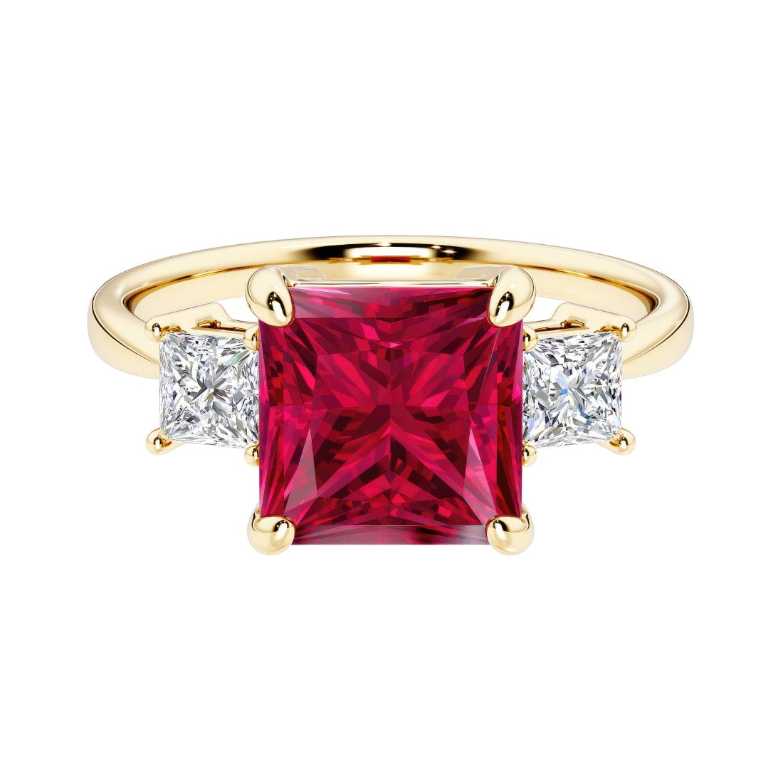 Princess cut 3 stone engagement ring with square side diamonds and ruby gemstone center.