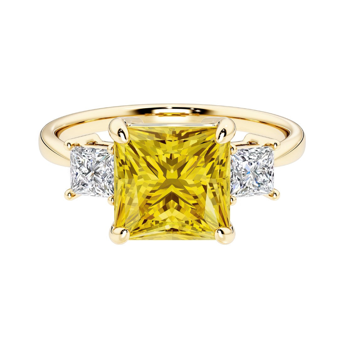 Princess cut 3 stone engagement ring with square side diamonds and yellow sapphire gemstone center.