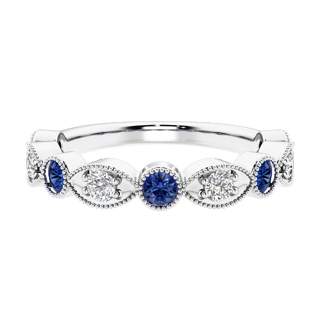 Elegant vintage-inspired anniversary ring featuring marquise blue sapphires and diamonds in a 9 stone setting.