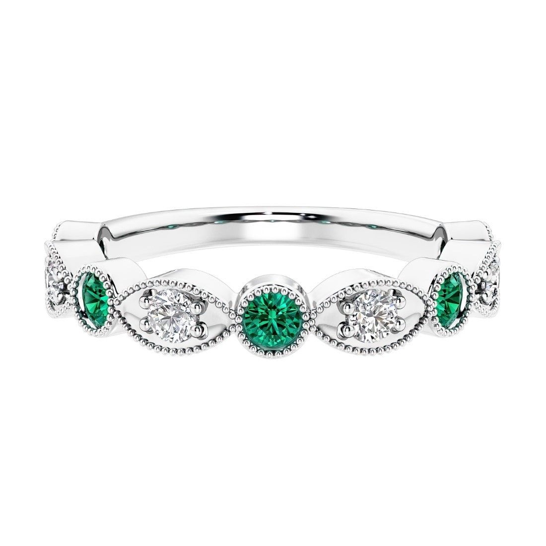 Elegant vintage-inspired anniversary ring featuring marquise green emeralds and diamonds in a 9 stone setting.