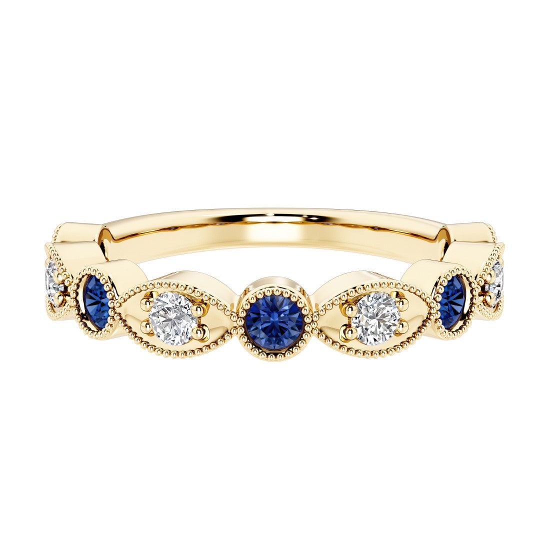 9 stone alternating marquise sapphire and diamond ring in 14K gold, a unique gemstone anniversary band for her.