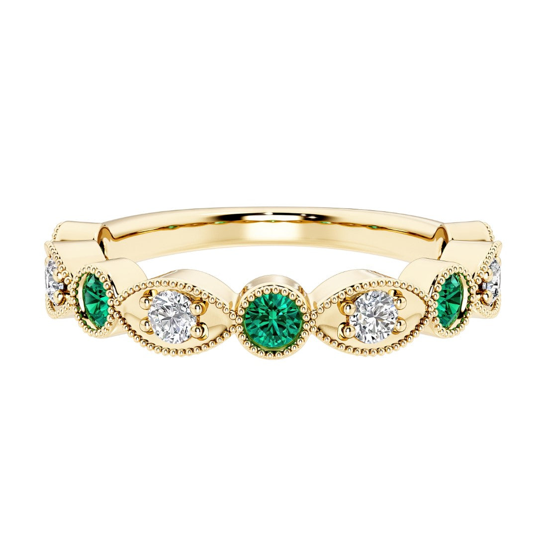 9 stone alternating marquise green emerald and diamond ring in 14K gold, a unique gemstone anniversary band for her.
