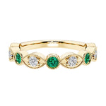 9 stone alternating marquise green emerald and diamond ring in 14K gold, a unique gemstone anniversary band for her.