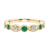 9 stone alternating marquise green emerald and diamond ring in 14K gold, a unique gemstone anniversary band for her.
