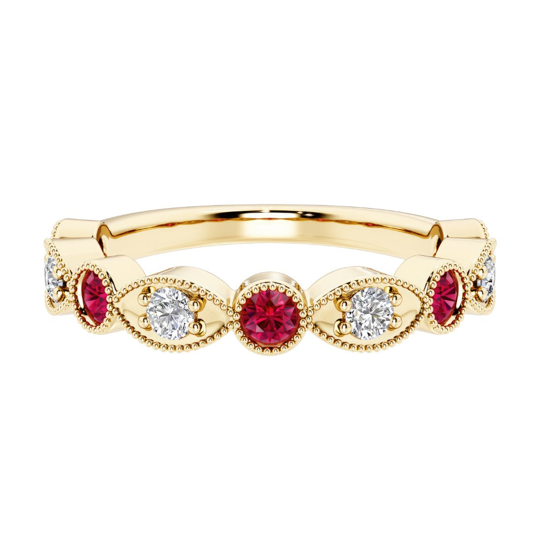 9 stone alternating marquise ruby and diamond ring in 14K gold, a unique gemstone anniversary band for her.