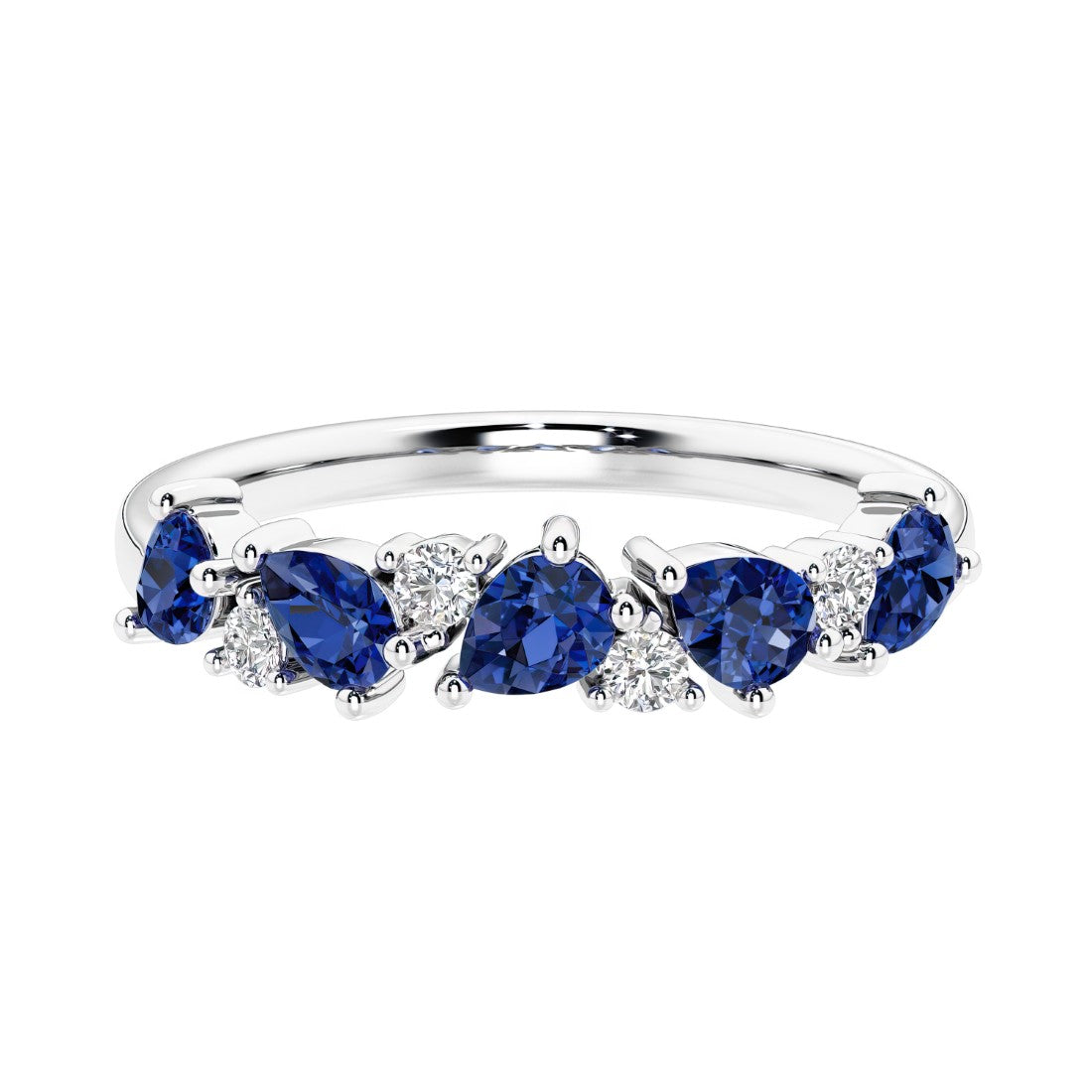 Elegant anniversary ring with 9 alternating pear shaped blue sapphires and brilliant round diamonds.