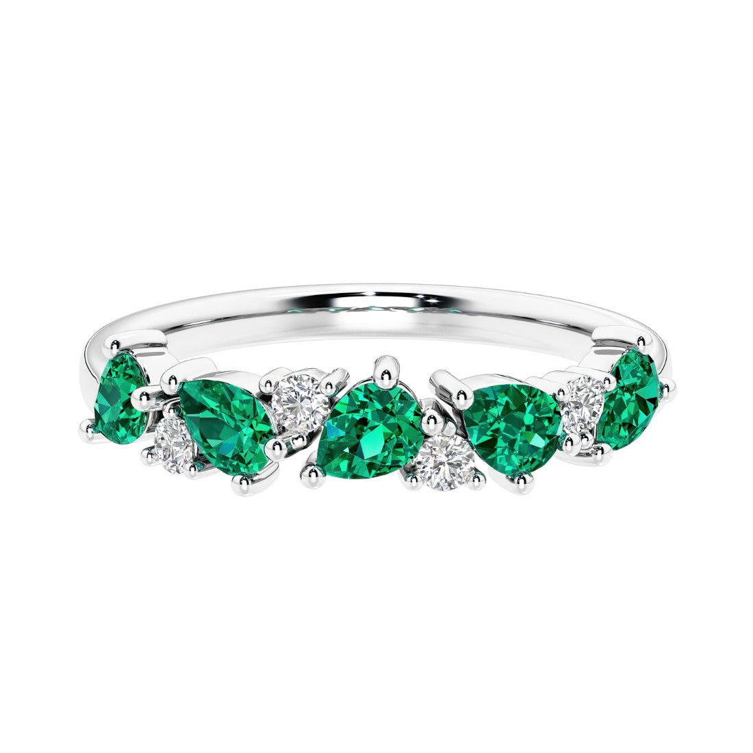 Elegant anniversary ring with 9 alternating pear shaped green emeralds and brilliant round diamonds.