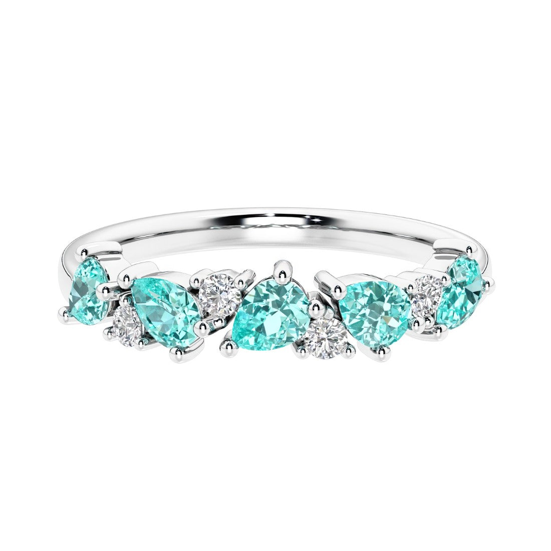 Elegant anniversary ring with 9 alternating pear shaped paraiba tourmalines and brilliant round diamonds.