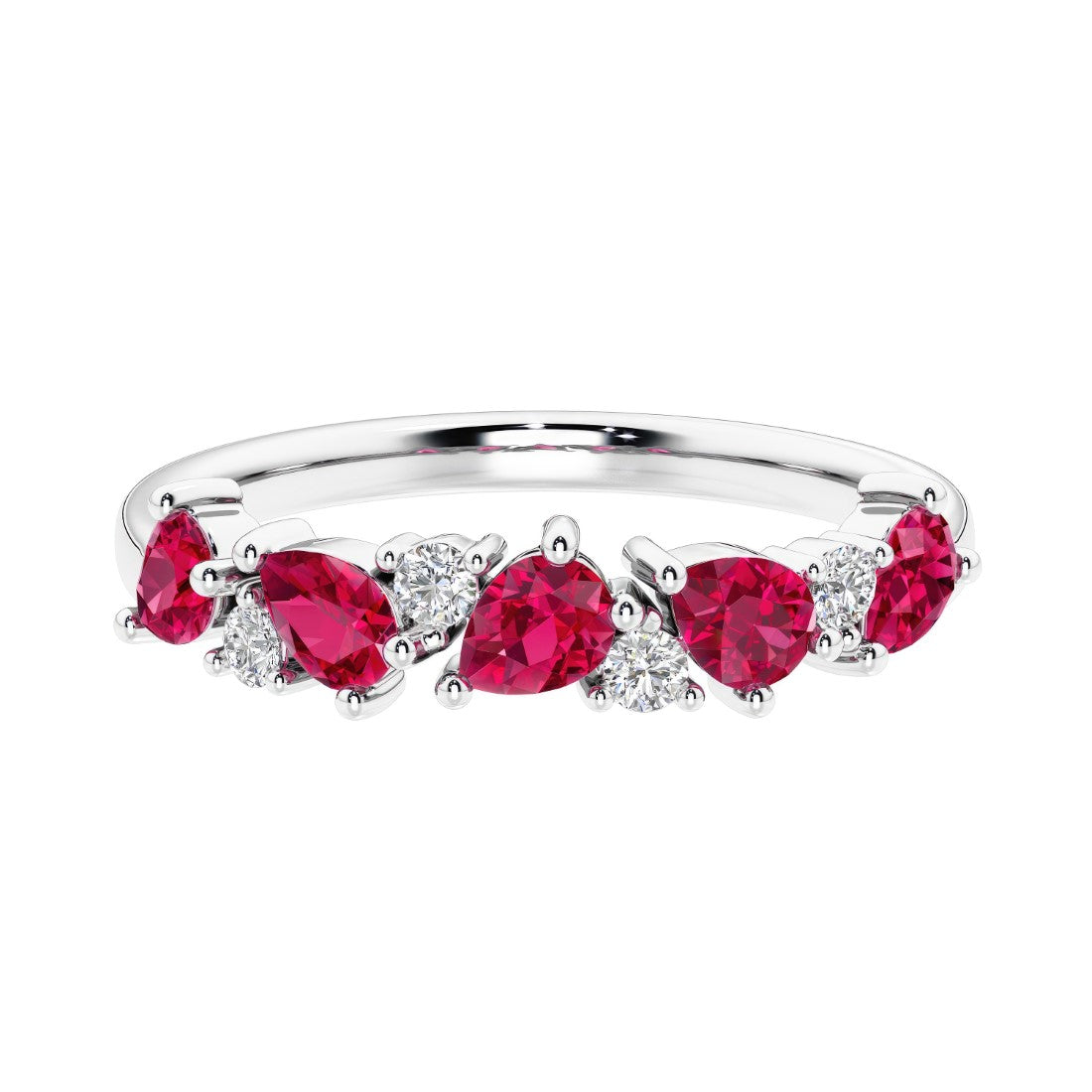Elegant anniversary ring with 9 alternating pear shaped ruby and brilliant round diamonds.