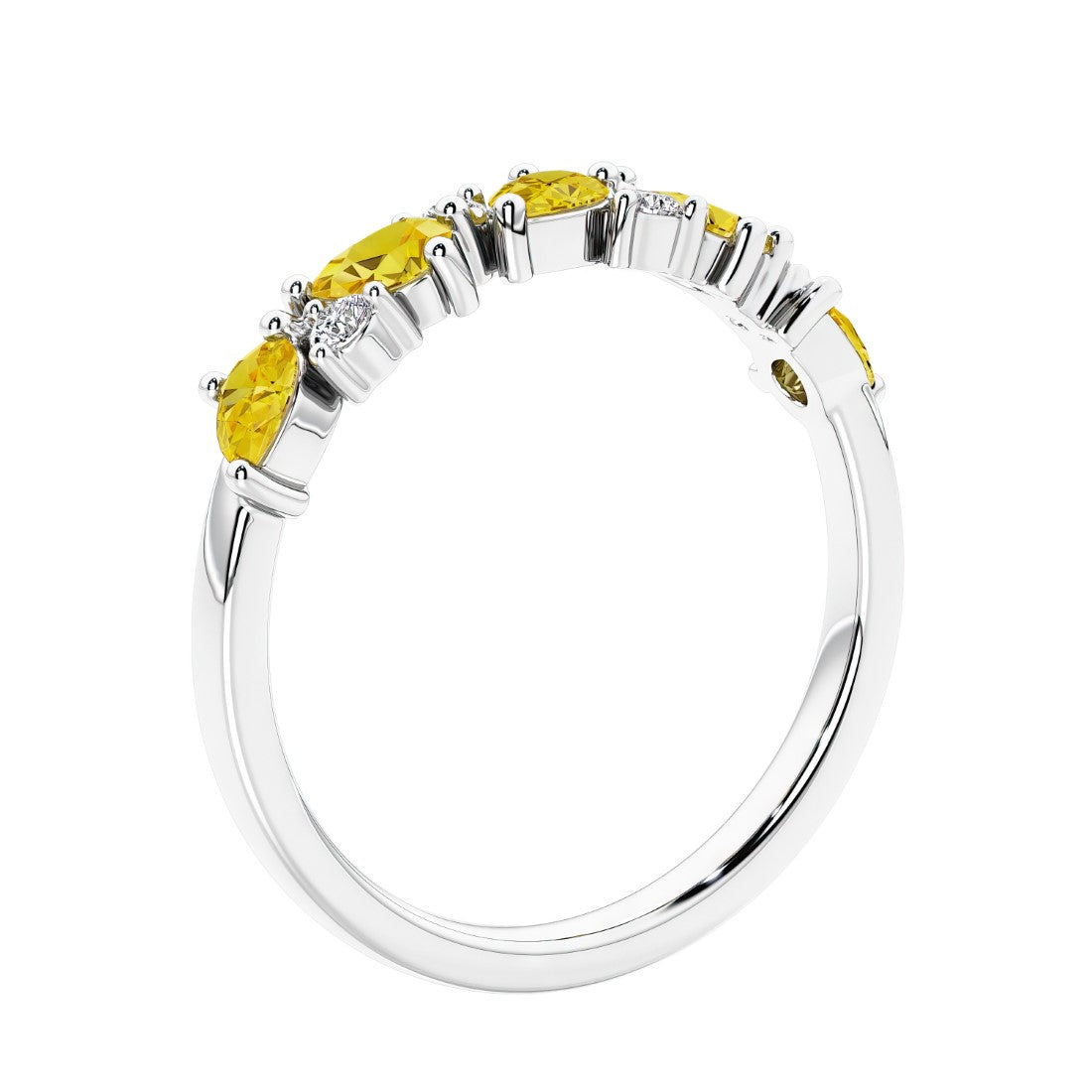 Women’s anniversary ring with lab created yellow sapphire and sparkling round diamonds in a vintage-inspired half eternity style.