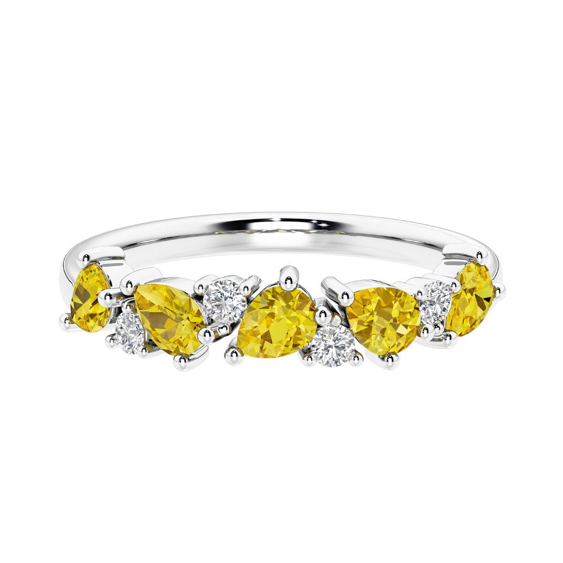 Elegant anniversary ring with 9 alternating pear shaped yellow sapphires and brilliant round diamonds.