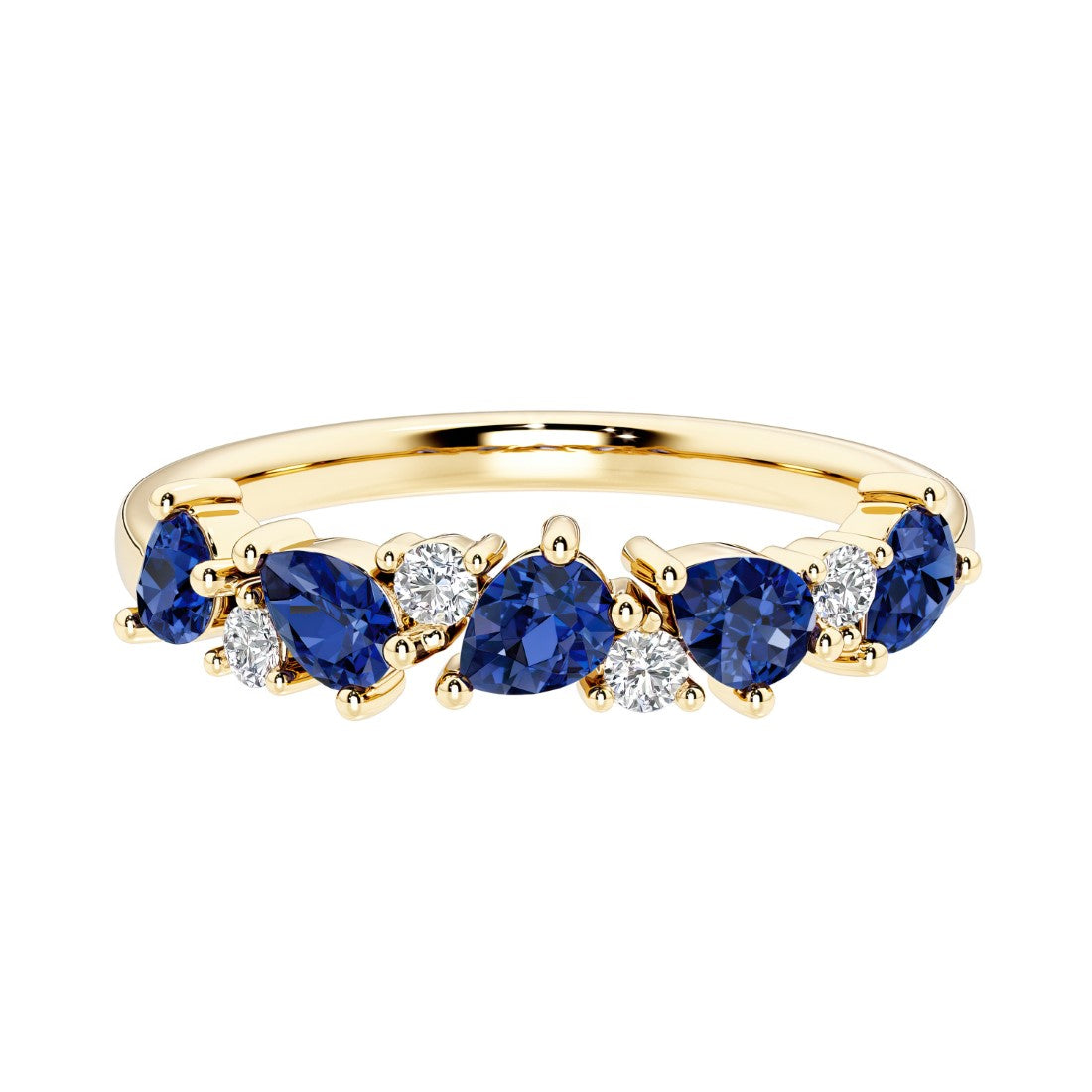 9-stone gemstone anniversary band featuring pear-cut blue sapphires and round diamonds for a magical, color-shifting effect.