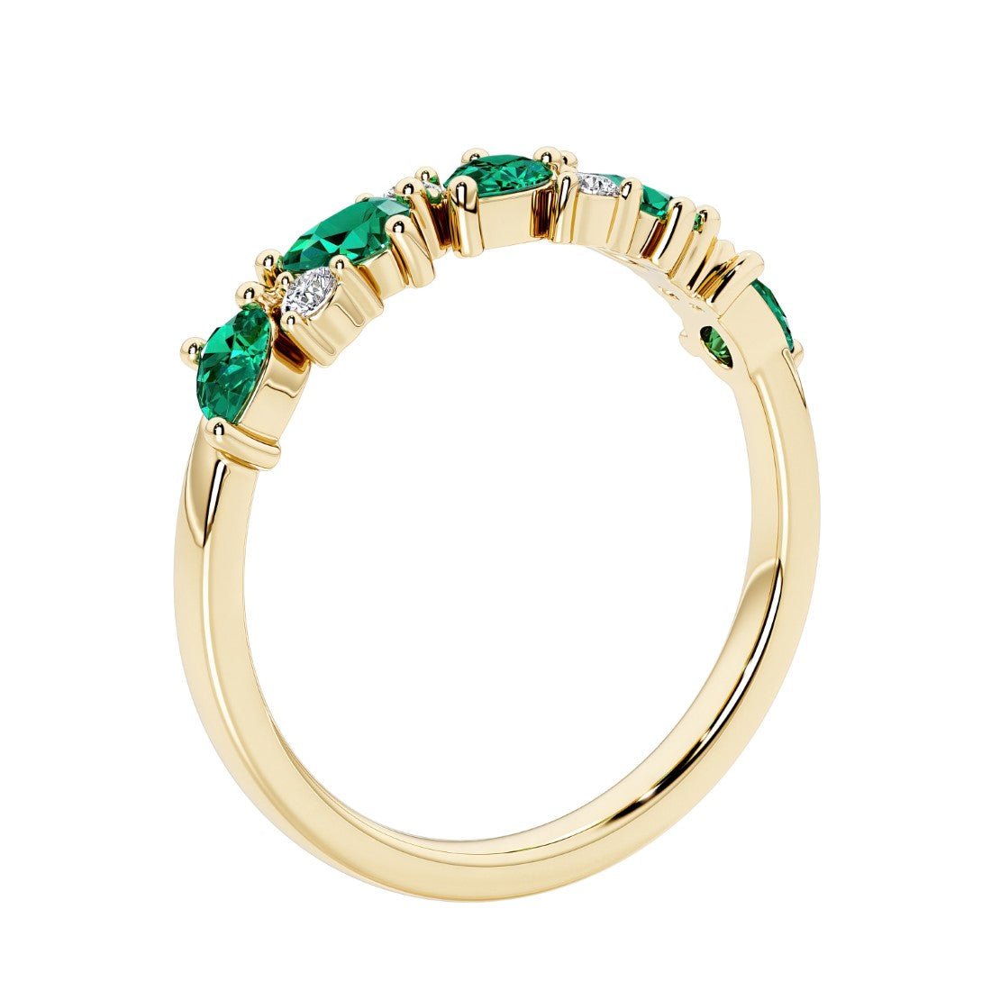 Unique 9 stone half eternity ring with pear shaped green emerald and round diamond accents in yellow gold.