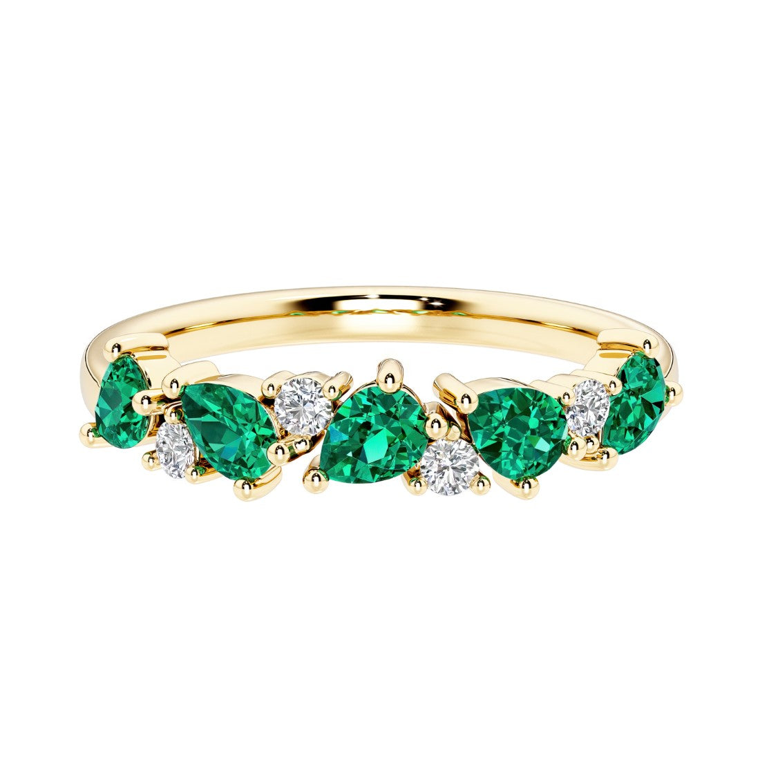 9-stone gemstone anniversary band featuring pear-cut green emeralds and round diamonds for a magical, color-shifting effect.
