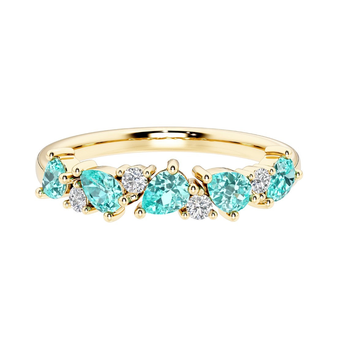 9-stone gemstone anniversary band featuring pear-cut paraiba tourmalines and round diamonds for a magical, color-shifting effect.