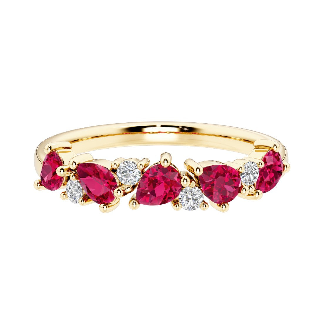 9-stone gemstone anniversary band featuring pear-cut ruby and round diamonds for a magical, color-shifting effect.