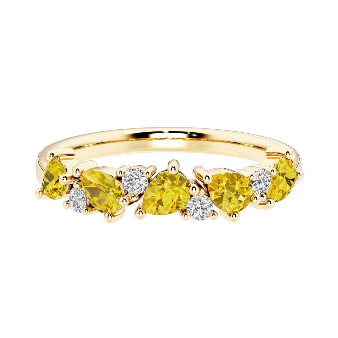 9-stone gemstone anniversary band featuring pear-cut yellow sapphires and round diamonds for a magical, color-shifting effect.