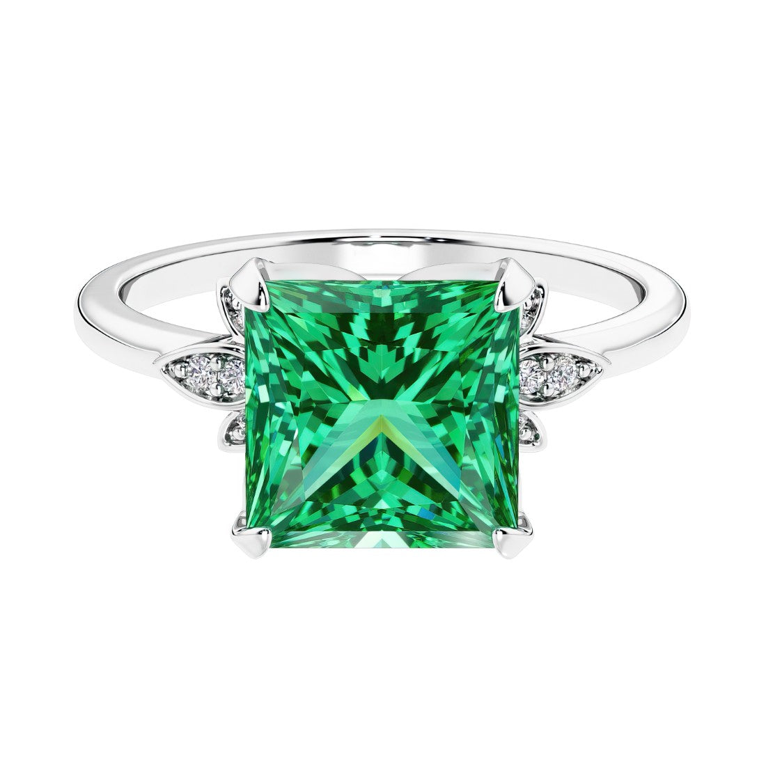 Nature inspired ringprincess cut green emeralds and brilliant round diamonds.