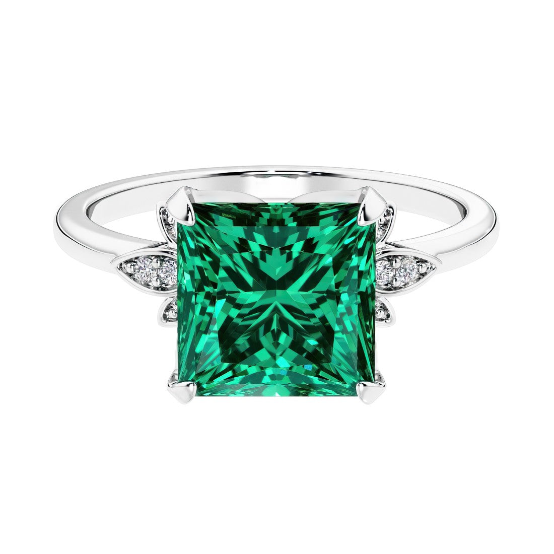 Nature inspired ringprincess cut green emeralds and brilliant round diamonds.