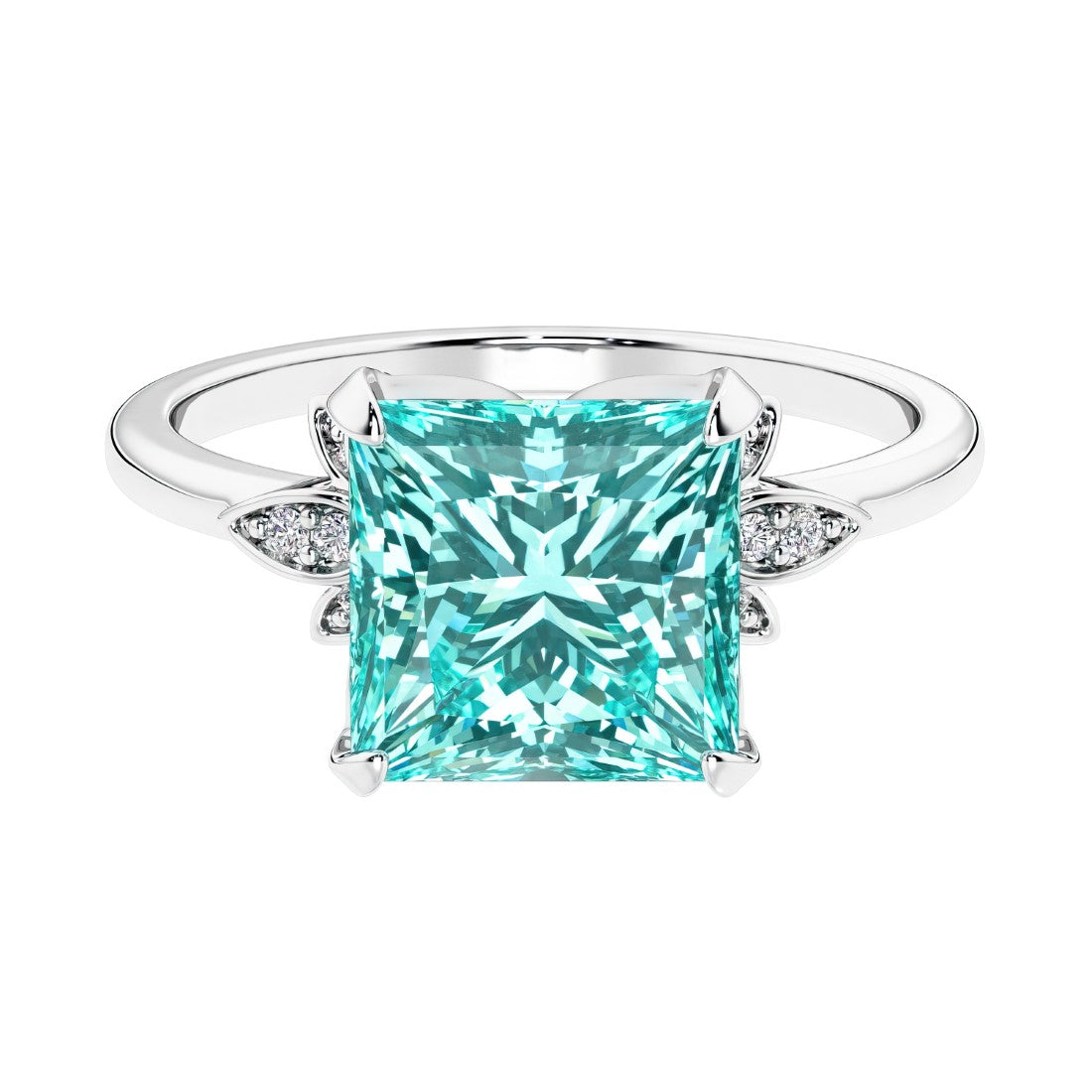 Nature inspired ringprincess cut paraiba tourmalines and brilliant round diamonds.