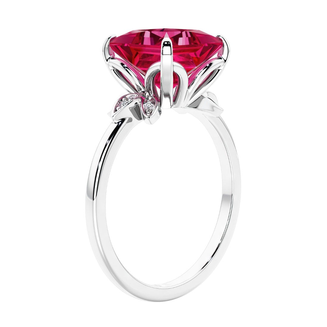 Women's unique ring with lab created ruby and sparkling round diamonds in a vintage-inspired cluster side stone style.