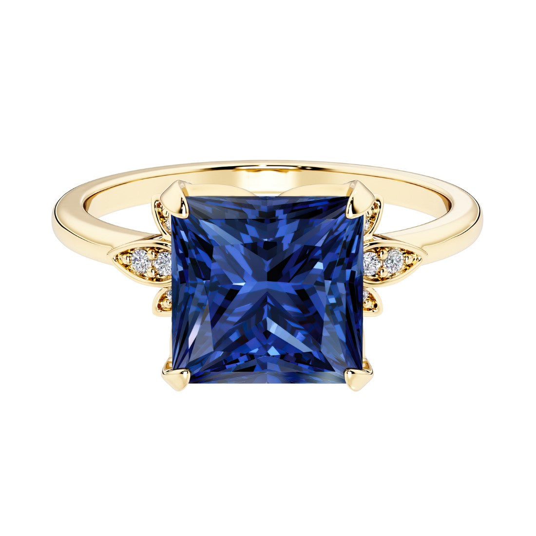 Nature inspired ring featuring princess cut blue sapphires and round diamonds for a magical, color-shifting effect.