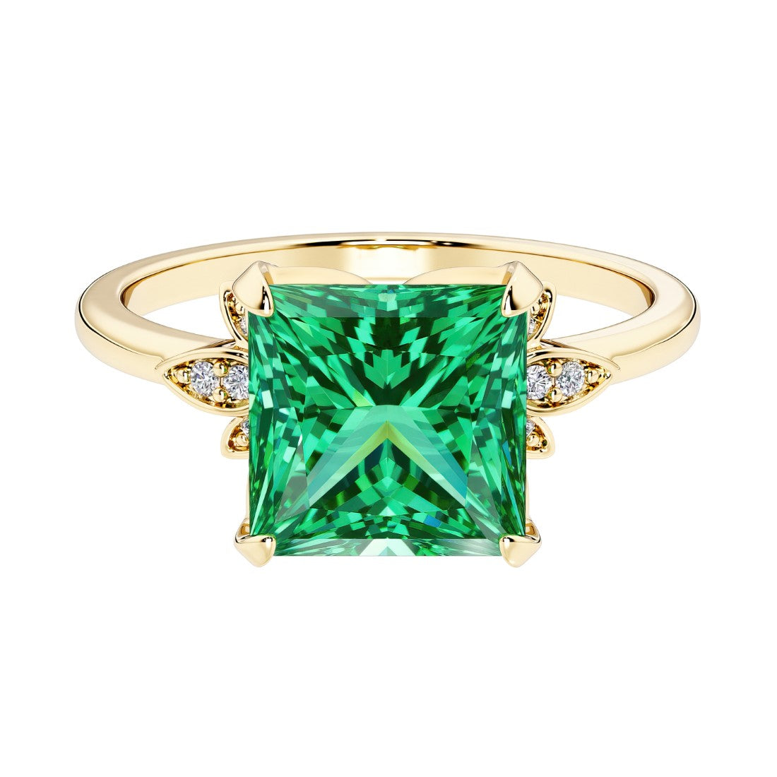 Nature inspired ring featuring princess cut green emeralds and round diamonds for a magical, color-shifting effect.