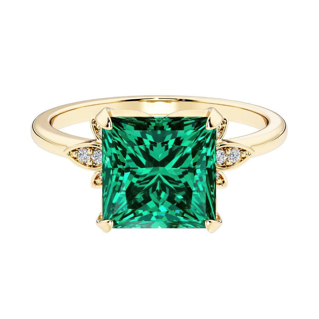 Nature inspired ring featuring princess cut green emeralds and round diamonds for a magical, color-shifting effect.