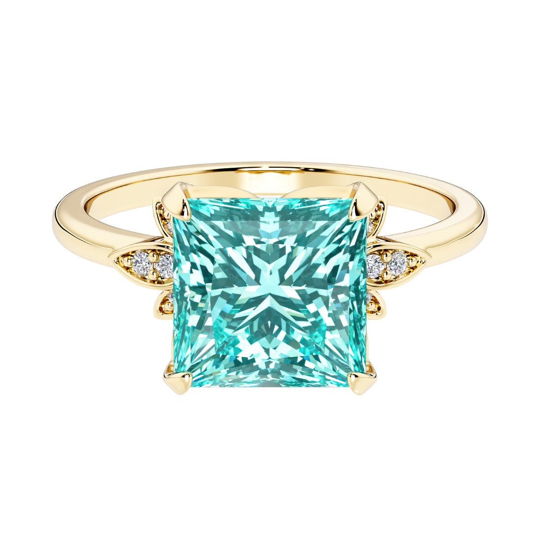 Nature inspired ring featuring princess cut paraiba tourmalines and round diamonds for a magical, color-shifting effect.