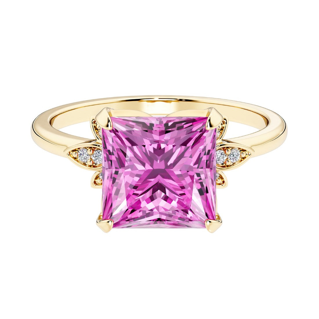Nature inspired ring featuring princess cut pink sapphires and round diamonds for a magical, color-shifting effect.