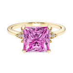 Nature inspired ring featuring princess cut pink sapphires and round diamonds for a magical, color-shifting effect.
