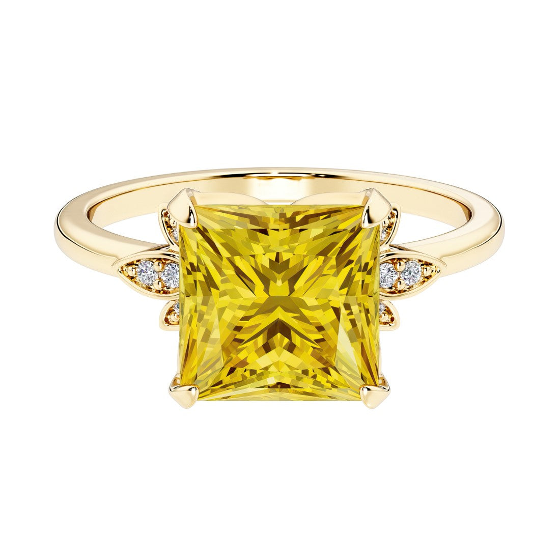Nature inspired ring featuring princess cut yellow sapphires and round diamonds for a magical, color-shifting effect.