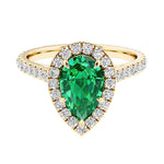 Pear shaped colombian emerald and french pave diamond ring.