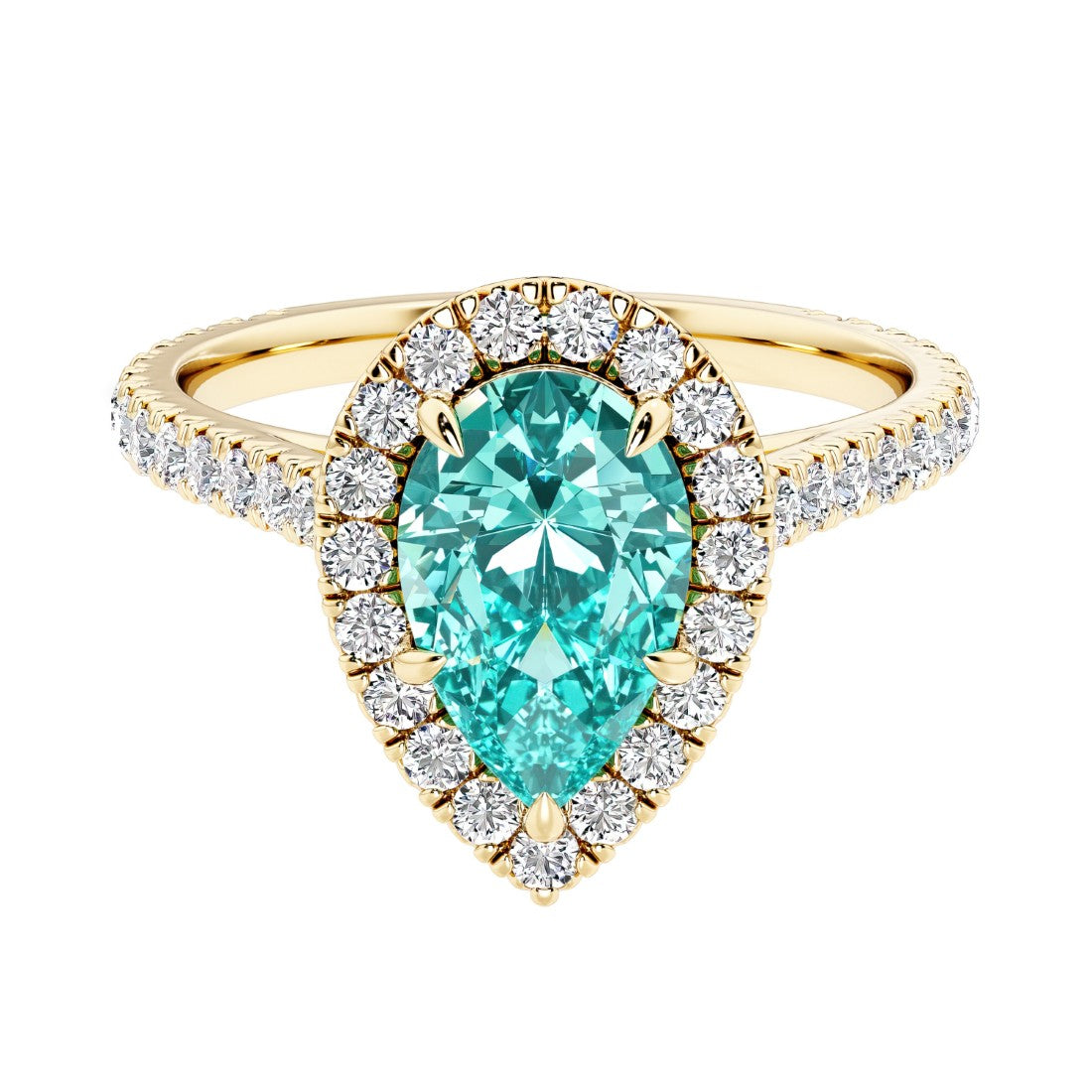 Pear shaped paraiba tourmaline and french pave diamond ring.