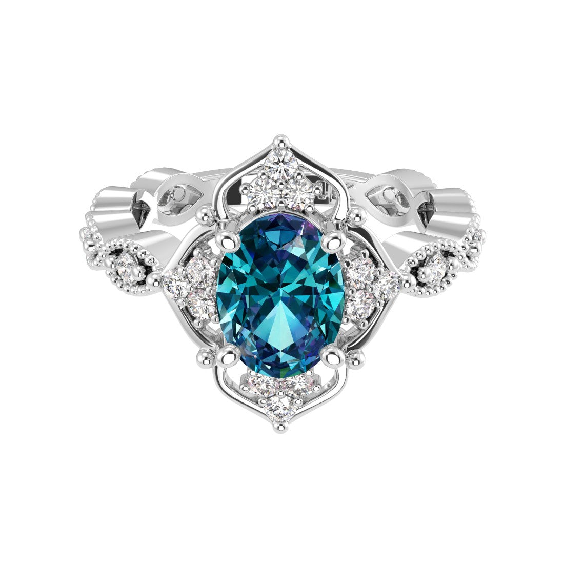 Antique oval alexandrite and diamod ring white gold