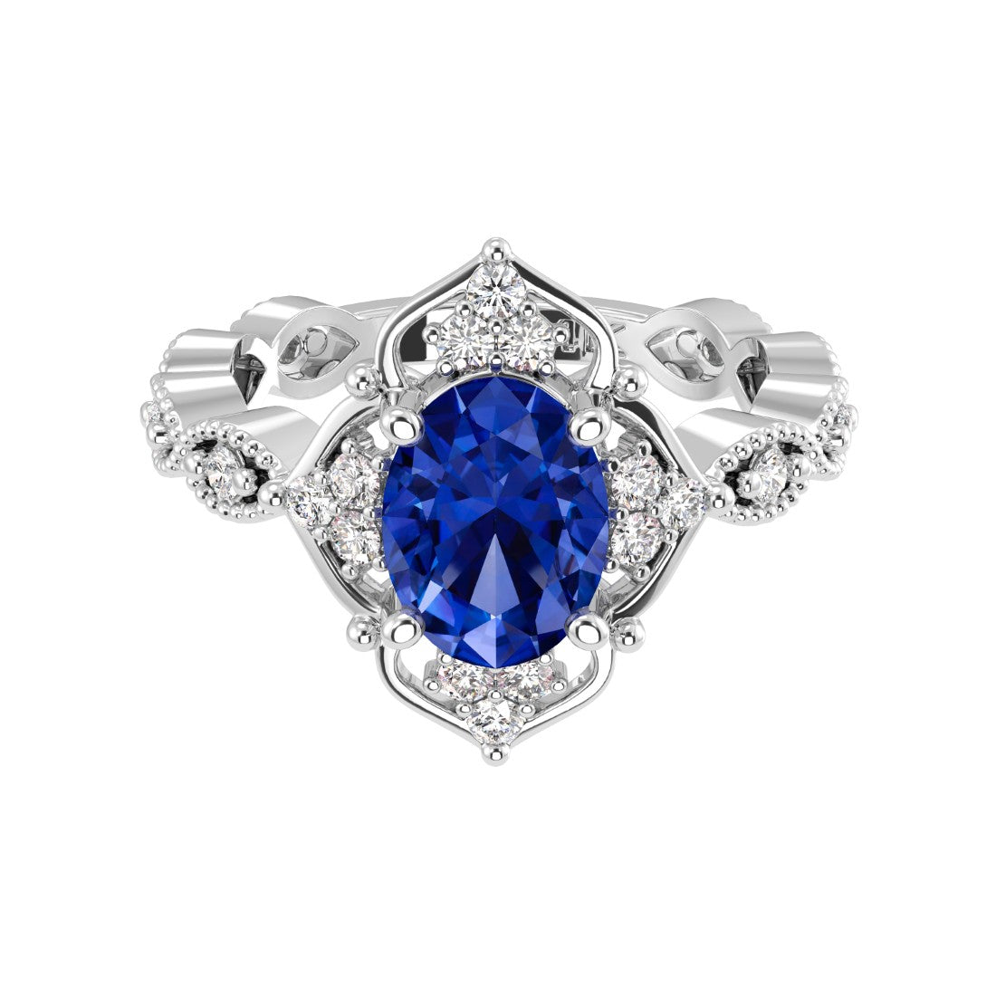 Antique oval blue sapphire and diamod ring white gold