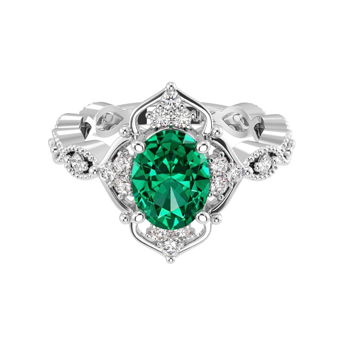 Antique oval emerald and diamod ring white gold