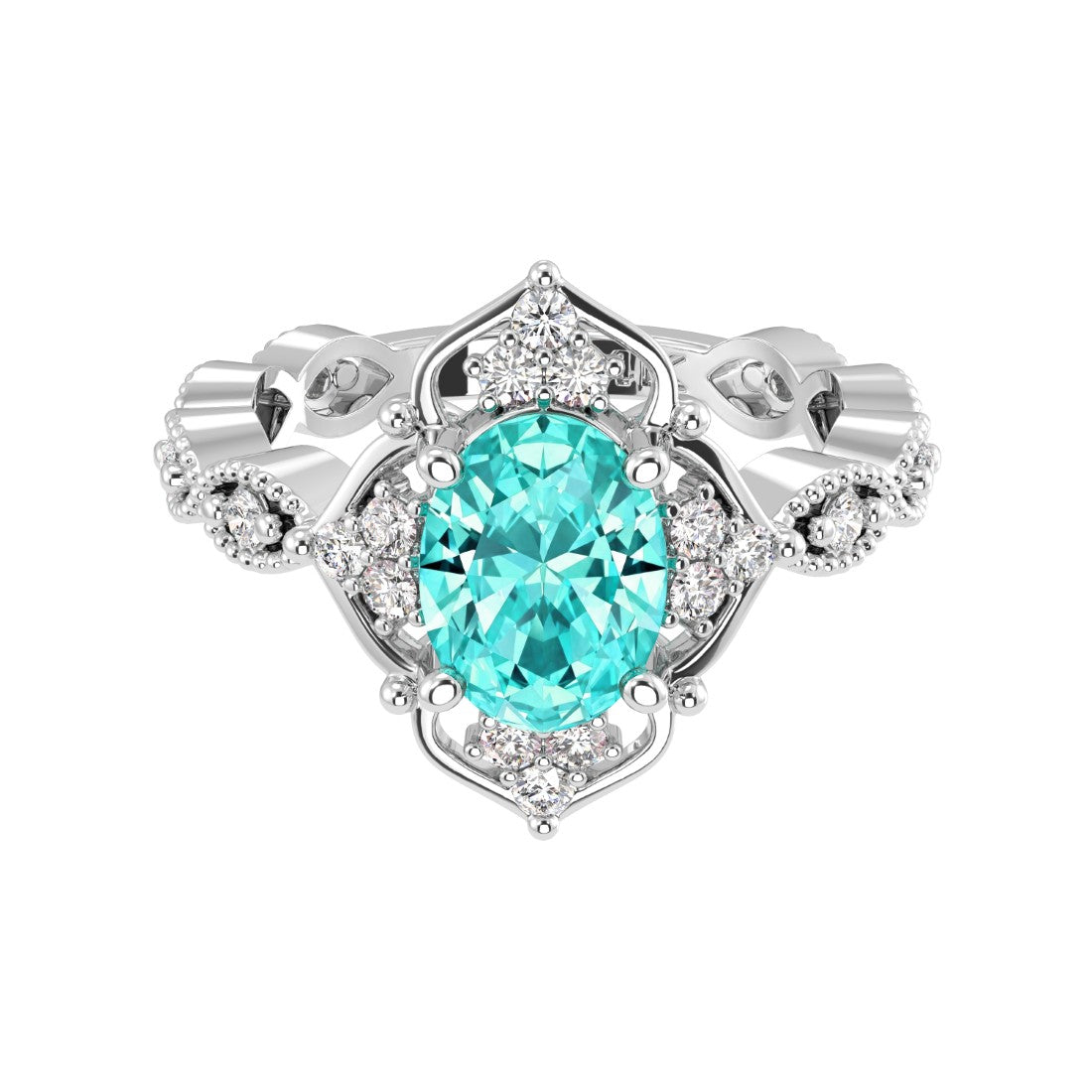 Antique oval paraiba tourmaline and diamod ring white gold