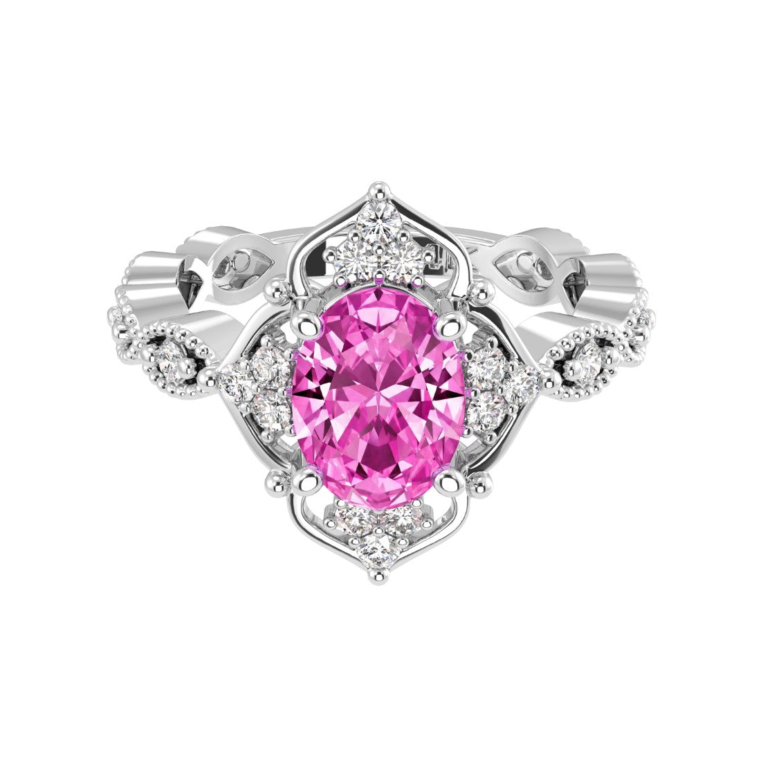 Antique oval pink sapphire and diamod ring white gold