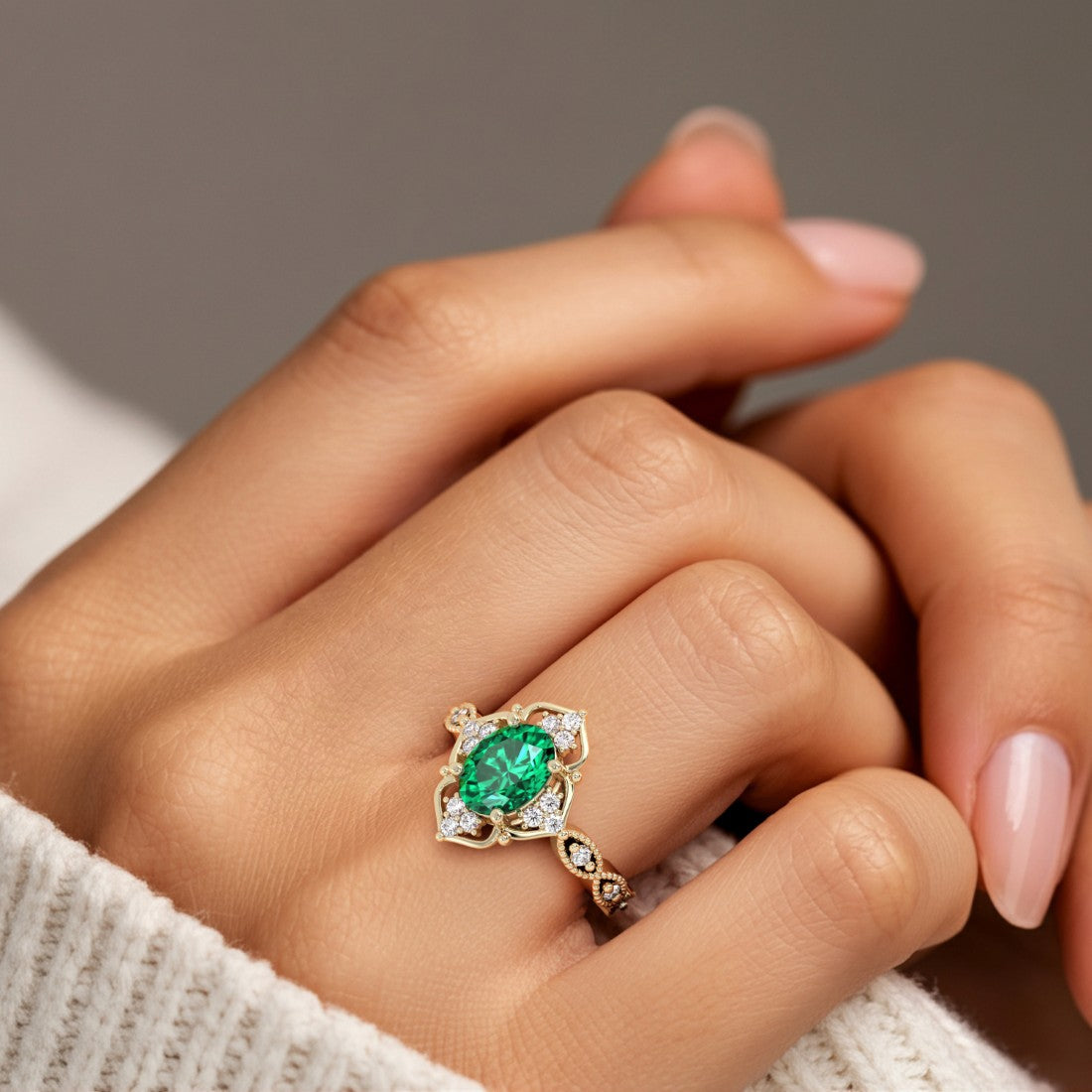 Woman wearing oval cut emerald and diamond vintage engagement ring.