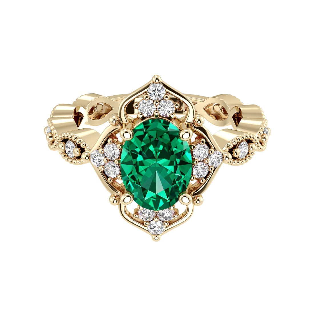 Oval cut vintage emerald and diamond ring in yellow gold