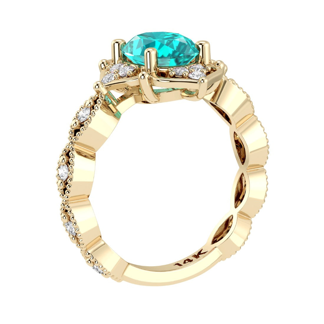 Beautiful paraiba tourmaline modern art deco diamond engagement ring, made for vintage jewelry lovers.